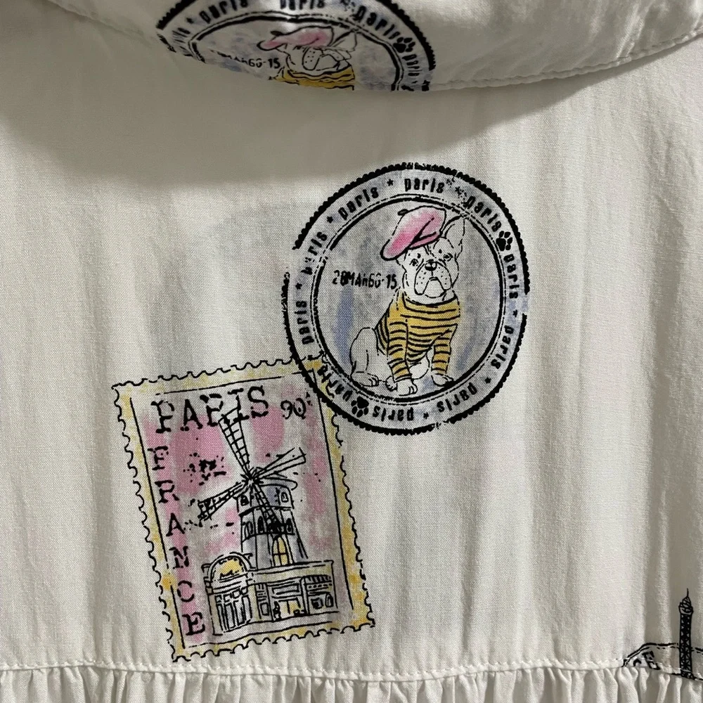 Jane & Delancey Chic Parisian Print White Button-Down Shirt